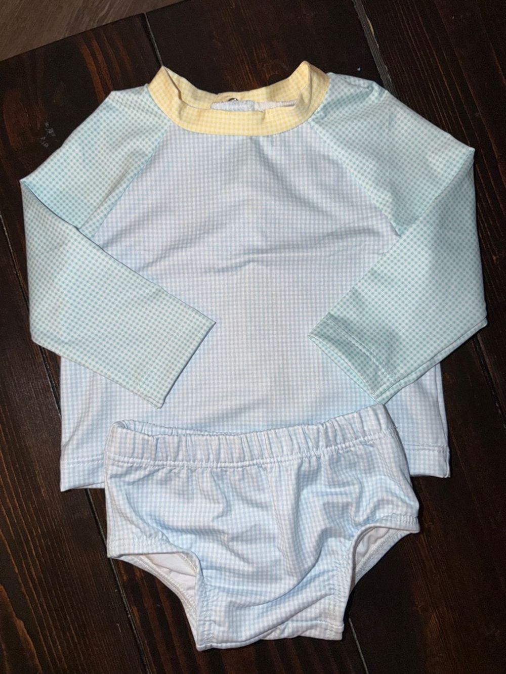 Kids Long-Sleeve Swim Rashguard Set in Light Blue with Yellow Neck